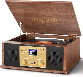 10-in-1 Record Player Turntable with Speakers CD Player WiFi Internet Radio | All in One Music Center, Vintage Multimedia, USB/SD Playback & Recording, Timer, Auto-OFF, Clock, Vintage Walnut