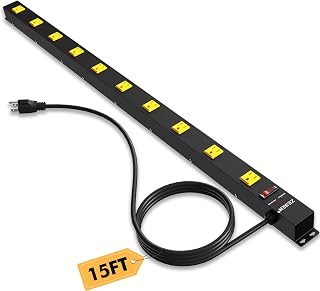 10 Outlet Long Power Strip, Wide Spaced Outlet Power Bar, Heavy Duty Metal Power Strip with 15FT Cord for Work Bench, Garage, Shop, Overload Protection Switch, ETL Listed (15A/1875W)