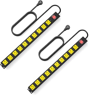 10 Outlet Metal Power Strip with 2100J Surge Protector, Heavy Duty 6FT Extension Cord, Wide Spaced Outlets and Wall Mount for Garage, Workshop, Industrial, Home (2 Pack 6ft)