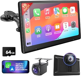 10" Touch Screen for Car, Used for Wireless Apple Carplay Android Auto MirrorLink, Portable Car Stereo with Bluetooth 2K Front Dashcam, 1080P Rear Dashcam Backup Camera