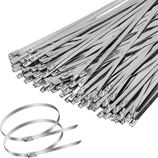 100 Pcs Metal Zip Ties 11.8 inch 304 Stainless Steel Zip Ties Heavy Duty Outdoor Multi-purpose Self-locking Cable Ties for Exhaust Wrap, Chain Link Fence, Machinery, Vehicles,Farms, Pipes