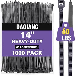 1000-Pack Heavy Duty 14-Inch Black Zip Ties &ndash; 60 lb Tensile Strength, UV Resistant & Self-Locking Nylon Cable Ties for