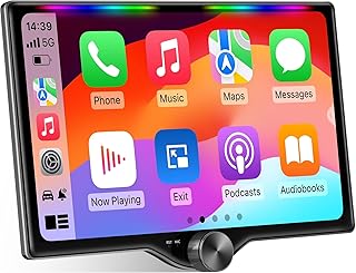 10.1" QLED Double Din Car Stereo with Wireless Carplay & Android Auto, Music Sync Luminous Bar, SWC, Bluetooth, Backup Camera, 240W, Dual Subwoofer Output, Car Radio, Navigation, FM/AM
