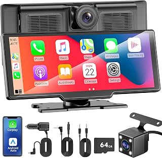 10.26" Apple Carplay Screen for Car, Wireless Portable Car Play & Android Auto HD Touch Screen, 4K Dash Cam, 1080P Backup Camera, Bluetooth 5.0, FM/Mirror Link/GPS Navigation, for All Vehicles