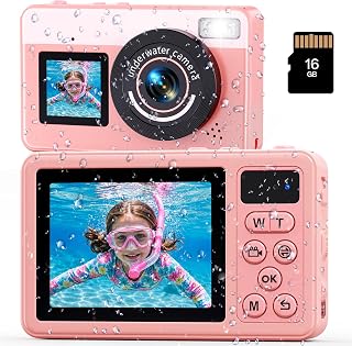 10FT Underwater Camera 4K 48MP Waterproof Digital Camera for Teens | Dual Screens Waterproof Compact Floatable Camera for Snorkeling Pool Swimming with16GB SD Card,1200mAh Battery -Pink