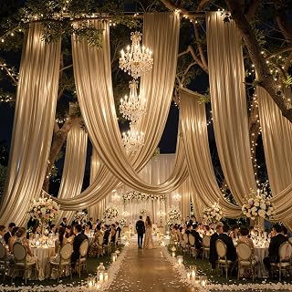 10ftx40ft Champagne Gold Ceiling Curtain for Wedding Parties | 2 Panels Wrinkle-Free 40 FT Long Tent Draping Curtains for Wedding, Birthday & Theme Parties, 40ft Height with Rod Pocket