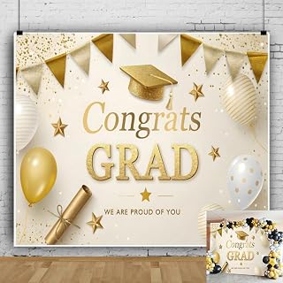 10x10ft Gold Graduation Backdrop Class of 2026 Glitter Balloons Bachelor Cap Congrats Grad Backdrops for Photoshoot Congratulations Grad Graduations Party Decorations Photography Background