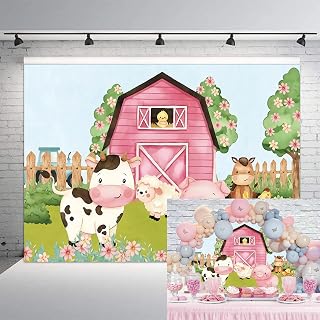 10x6.5ft Cartoon Farm Animals Party Backdrop Pink Barn Girl Baby Shower Birthday Photography Background Farmland Animals Cows Pigs Barnyard Backdrop Banner Cake Table Decoration Photo Booth Props