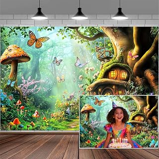 10X8FT Enchanted Forest Backdrop Fairy Tale Wonderland Mushroom House Photography Backdrop Magic Garden Woodland Photo Backdrop Background for Kids Girl Baby Shower Birthday Party Decorations Banner