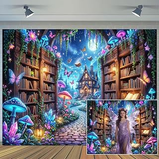 10X8ft Fantasy Library Forest Backdrop Enchanted Woodland Path Glowing Mushrooms Butterflies and Books Magical Night Fairy Garden Photography Background for Birthday Party Photo Booth Studio Decor