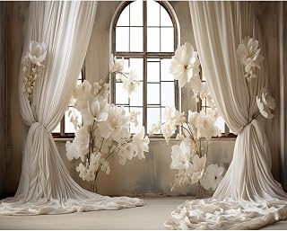 10x8ft Wedding Party Decorations Banner Backdrop Wedding Reception Photography Backdrop White Floral Flowers Curtains French Frame Photo Backgrounds Baby Shower Photo Shoot Portraits Props