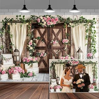10X8FT Western Country Wedding Photography Backdrop Rustic Floral Wooden Barn Door Background White Curtains Anniversary Party Decorations Shabby Chic Bridal Banner Valentine's Photo Booth Props