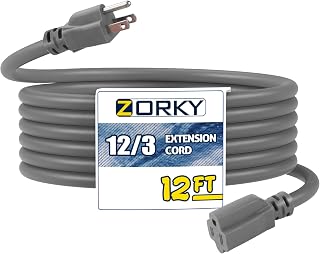 12 ft Outdoor Extension Cord Waterproof, 12/3 Heavy Duty Extension Cable with 3 Prong Grounded Plug for Safety, 12AWG 15Amp 1875W Great for Garden, Major Appliances, Grey