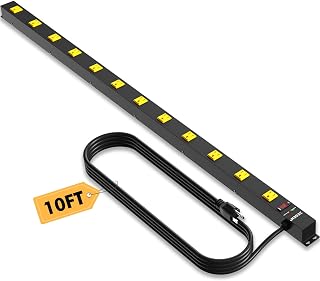 12 Outlet Industrial Power Strip with 15Ft Cord, 1875W Heavy Duty Metal Power Strip with Wide-Spaced Outlets & Overload Protection, ETL Listed for Garage, Workshop, Office, Home