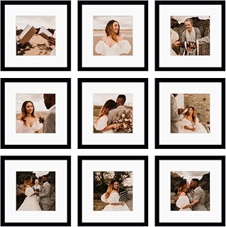 12x12 Picture Frame Set of 9, Display Pictures 8x8 with Mat or 12x12 without Mat, Multi Collage Gallery Square Photo Frames for Wall or Tabletop, Black