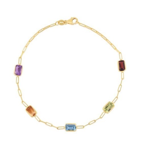14k Solid Yellow Gold 7" Multi Gemstone Paperclip Chain Bracelet 1.6mm