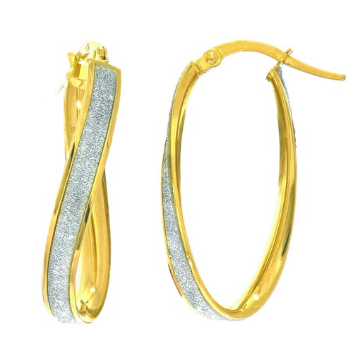 14k Yellow Gold Round Hoop Hinged Earring with White Glitter 4mm x 25mm 2gr