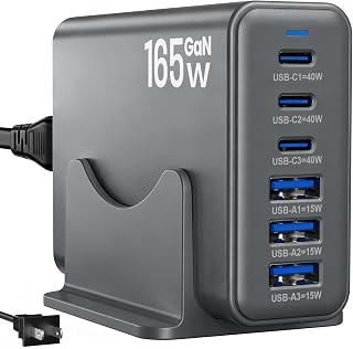 165W GaN USB C Charging Station, 6 Port Desktop Charger with 40W USB-C Fast Charging, Multiport Charging Hub for MacBook, iPhone 17/16/15, iPad, Samsung Galaxy, Tablets, Home Office Grey