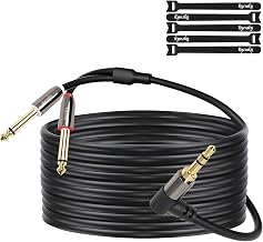 1/8 to Dual 1/4 Male Audio Y Cable,Right Angle 3.5mm TRS to 2 x 6.35mm TS Mono Y Splitter Stereo Cable, Oxygen-Free Copper, for Recording, Mixer, Speaker, Electric Guitar,50ft, 1 Pack