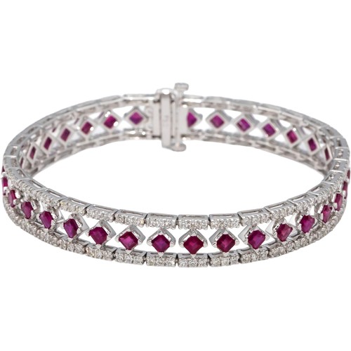 18k White Gold Square Cut Ruby & VS Round Diamond Fancy Link Bracelet 11.09CTW