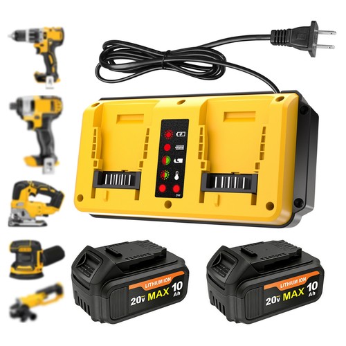 2 Pack 20V 10.0Ah Battery & Dual Charger Kit for De walt 20 Volt MAX Batteries