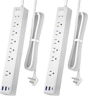 2 Pack Flat Plug Surge Protector Power Strip, 6ft Ultra Thin Extension Cord with 3 USB, SUPERDANNY 6 Outlets Charging Station, Wall Mountable Outlet Extender for Home Office, College Dorm Room