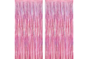 2 Pack Glitter Pink Backdrop, 3.28 FT x 7.05 FT Birthday Party Decorations, Laser Pink Fringe Curtains Foil Streamer Tinsel, Pink Curtains Photo Backdrop Happy Birthday Valentines Day Backdrop