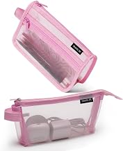 2-Pack Grid Mesh Pencil Case with Handle and Zipper, Double Layer Clear Pencil Pouch, Travel Makeup Bag and Small Toiletry Bag for Purse, Marker Pouch, College Essentials School Supplies (Pink)