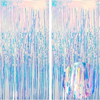 2 Pack Iridescent Party Streamers Backdrop,Foil Fringe Backdrops | Party Decorations Self-Adhesive Metallic Tinsel Streamers for Ocean Princess Birthday Party Decor, Photo Booth, Wedding