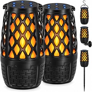2 Pack LED Flame Outdoor Bluetooth Speaker, Unique Gifts for Men, IPX6 Waterproof Tiki Torch Atmosphere Flame Speaker for Party Patio Garden, Outdoor Speakers with Stake, Hook, Wall Mount (2 Pack)
