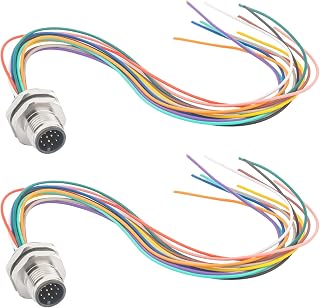 2-Pack M12 12 Pin A Code Male Aviation Connector Cable 0.2M | 16mm Back Mount, IP67 Waterproof Industrial Circular Connector UnShielded Straight Aviation Socket Electrical Cable