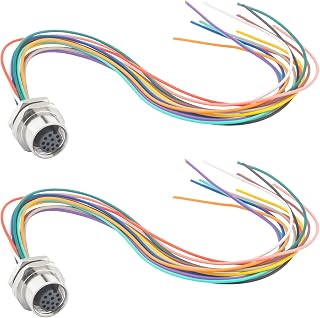 2-Pack M12 12 Pin Straight Female Aviation Connector Cable 0.7ft | 12mm Back Mount, IP67 Waterproof Industrial Circular Connector, UnShielded Aviation Socket Electrical Cable Sensor Receptacle