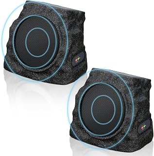 2-Pack Solar Powered Rock Speakers Outdoor Water-Resistant with 3 Mode Lights and Pair Function USB Rechargeable for Patio Garden Party Pool Outside(Black)