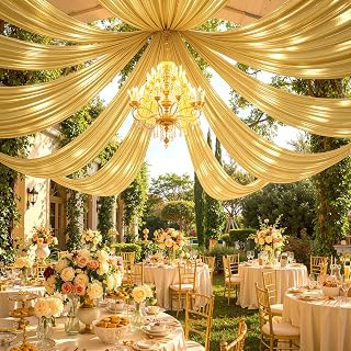 2 Panels 5x20ft Gold Ceiling Drapes for Wedding Parties, Wrinkle Free Thick Polyester 20ft Extra Long Wedding Draping Arch Drapery for Birthday Party Canopy Tent Decor