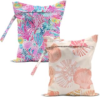 2 Pcs Ocean Coral Print Wet Bags Ocean Life Wet Dry Bag Birthday Beach Gift | Waterproof Reusable Zipper Pouch for Swimsuit, Diapers, Pool, Beach, Travel, Dirty Yoga Gym Clothes, Toiletries