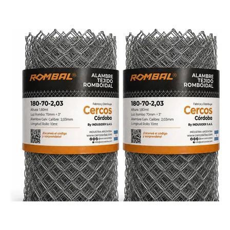 2 Rollos De Alambre Tejido Romboidal 1,80 Mts - Rombo 3'' (70mm) - Cal 2,03mm | 10 Mts C/u |