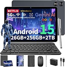 2026 10 Inch Tablet, Gemini AI Android 15 Tablet with Keyboard, 26B+256GB+2TB Expand, Electronic Tablets PC with Octa-Core, 8000mAh, 5G WiFi, GPS, GMS, 2 in 1 Tablet with Case, Mouse, Stylus(Silver)