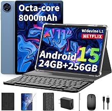 2026 11 Inch Tablet with Keyboard, Android 15 Tablet with Gemini AI, 24GB+256GB+2TB Expand, 2-in-1 Tablets with 8-Core, WiFi, 8000mAh, GMS, GPS, Electronic Tablets PC with Mouse, Case, Stylus (Silver)