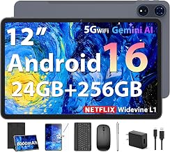 2026 Android 16 Tablet, 12 inch Tablet with Keyboard, 24GB+256GB+2TB Expand, Electronic Tablet PC with 2K Gemini AI, 8000mAh, Octa-Core, GMS, GPS, 2 in 1 Large Tablets with Case, Mouse, Stylus (Black)