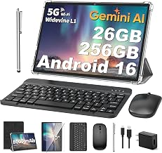 2026 Android 16 Tablet with Keyboard, Gemini AI, 10 inch Tablet with 26GB+256GB+2TB Expand, Electronic AI Tablet with 8-Core, 5G WiFi, 8000mAh, GPS, 2in 1 Tablet PC with Case, Mouse, Stylus (Silver)