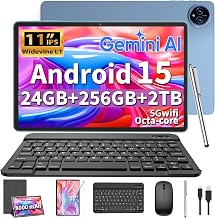 2026 Gemini AI 11 inch Tablet, Android 15 Tablet with Keyboard, 24GB+256GB+2TB Expand, 2-in-1 Large Tablets with 8-Core, WiFi, 8000mAh, GMS, GPS, Electronic Tablets PC with Mouse, Case, Stylus(Black)
