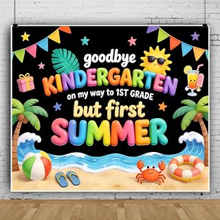 2026 Kindergarten Graduation Backdrop 12x10ft Tropical Summer Beach Theme Graduation Photography Background Goodbye Kindergarten Hello 1st Congrats Grad Photo Backdrop for Preschool Decorations