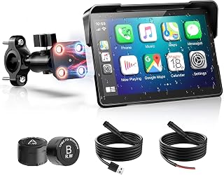 2026 YZW 7 inch Wireless Motorcycle Carplay GPS HD Touch Screen with Android Auto, Navigation, IP69K Waterproof, USB Cable, TPMS, Bluetooth, Google Asistant, Light Sensor, Music Sharing, Quick Release