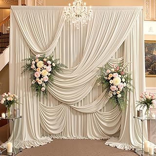 20ft&times;15ft Beige Backdrop Curtain for Wedding Parties, 4 Panels Wrinkle Free 15 FT Long Polyester Photo Grey Ivory Backdrop Drapes Back Drop Cloth for Birthday Photography Background