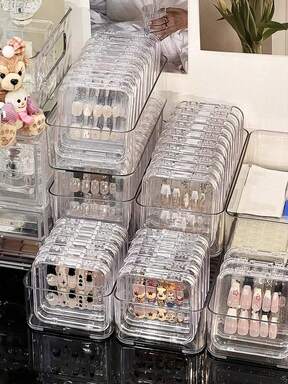 /24/16/10/6pcs Transparent Press-Type Nail Art Storage Box, Display Box With Safety Lock Lid, Stackable Storage Organizer And Storage, Suitable For Fake Nails, Acrylic Nail Tips, Salon Accessories Storage, Holiday Gift $3.08 37% OFF