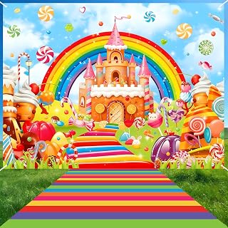 2Pcs Candyland Party Decorations Kit, Large Sweet Candy Land Backdrop with Colorful Lollipop Runway Rug, Washable Polyester Sugar World Banner for Kids Birthday, Baby Shower, Photo Props, Pink
