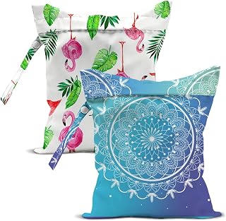 2PCS Reusable Waterproof Wet Bags, Flamingo & Tropical Plant Printed Wet Dry Bag, Leakproof Organizer for Travel Diaper Swim Items
