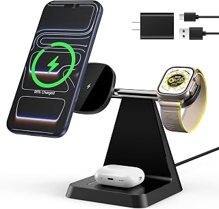 3-in-1 Magnetic Wireless MagSafe Charger Stand for Apple Devices | Charging Station for iPhone 12/13/14/15/16/17, Apple Watch & AirPods &ndash; Ideal for Nightstand, Desk, or Home Office