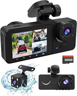 3 Channel Dash Camera for Cars, 4K+1080P Full HD Dashboard Camera, Dash Cam Front and Rear Inside with 32GB SD Card,2.0 inch IPS Screen, IR Night Vision,G-Sensor,Loop Recording,24H Parking Monitor