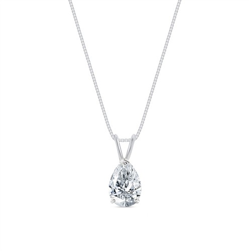 3 Ct Pear Lab Created Diamond Real 14K White Gold Solitaire Pendant 18" Necklace